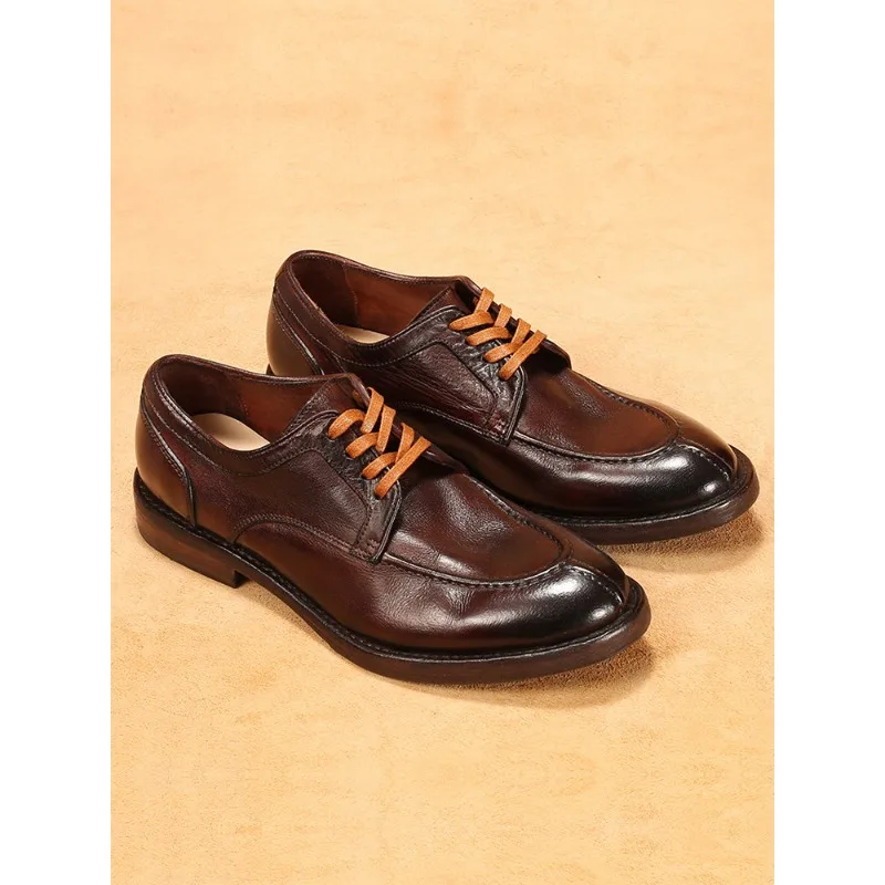 Business Dress Leather Shoes Men's Genuine Leather British Casual Leather Sole Retro Washed Handmade Work Derby Shoes Male