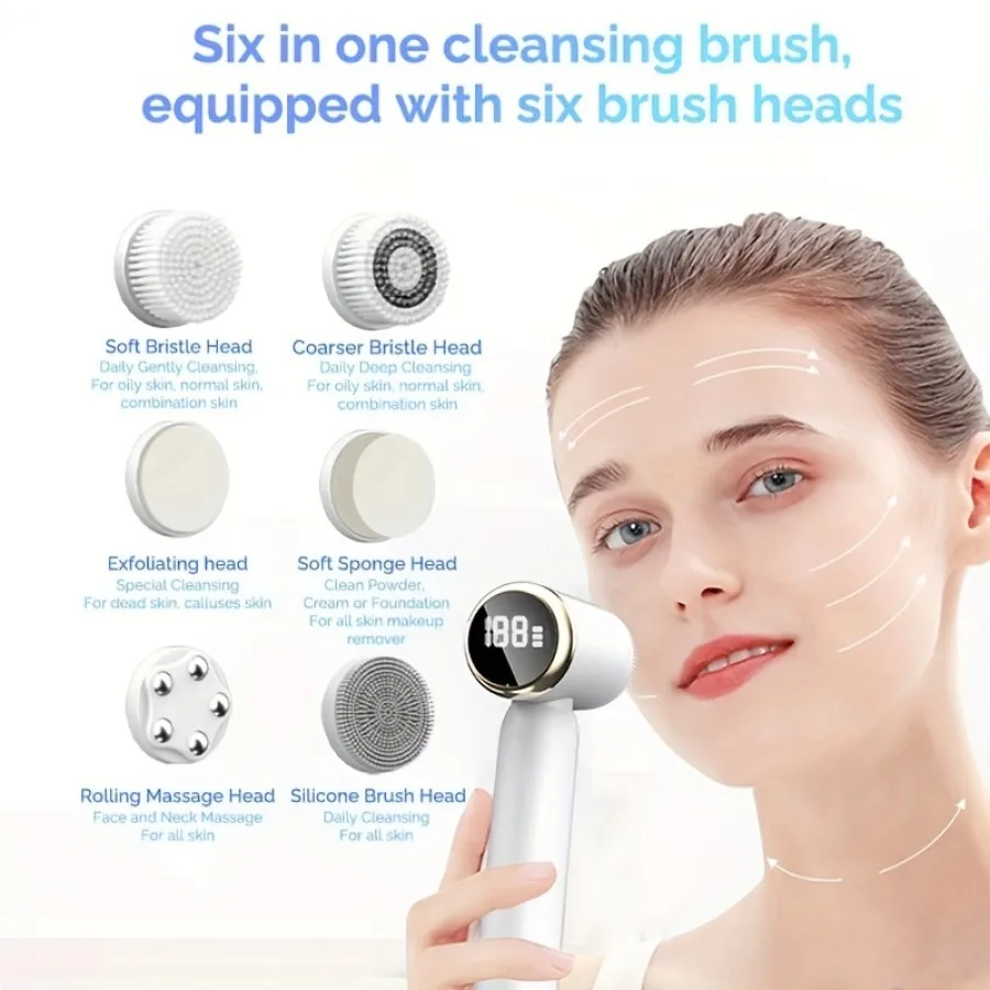 6 In 1 หน้าจอ LED อัลตราโซนิคไฟฟ้าแปรงทําความสะอาดใบหน้าการบีบอัด Therapy Facial Exfoliating Pore CLEANER Blackhead Removal