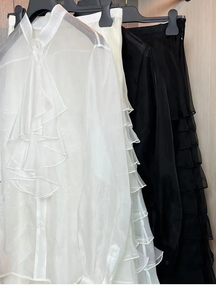 Romantisches reines Farbdesign, mehrschichtiger Kuchenrock, langer Midirock, vielseitiger f-Länge-Rock, französischer Stil für den Pendelverkehr