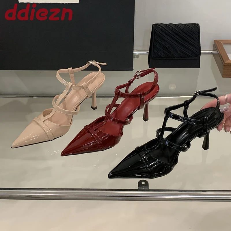 

2025 New Fashion Pointed Toe Pumps Ladies Heels Shoes Luxury Female Ankle Buckle Footwear T-Strap Women Thin High Heels Shoes