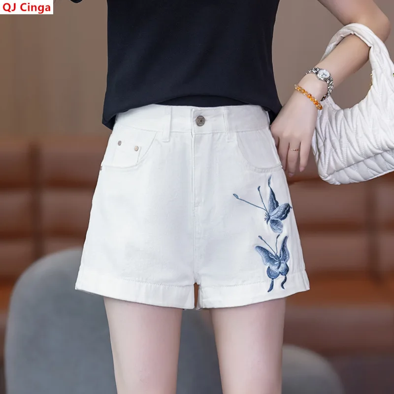 New Summer Women's White Jeans Shorts, Denim Shorts with Blue Butterfly Embroidery, Asian Sizes.