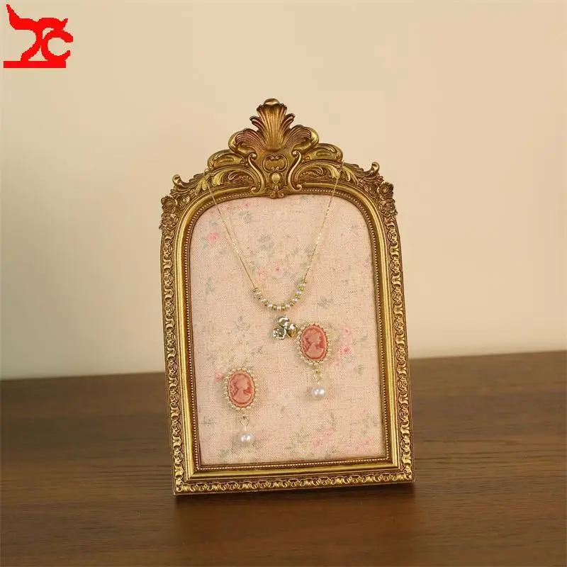 Vintage Photo Frame Jewelry Display Stand Floral Fabric Liner Earring Necklace Ring Holder Desktop Jewelry Organizer Tray