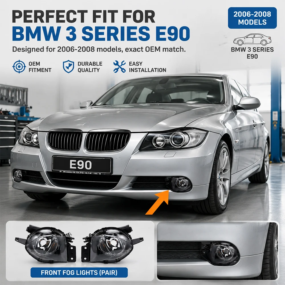 Front Bumper Fog Lamp Pair For BMW 3 Series E90 2006-2008 Bulbs Not Included Precise Direct Fit Aftermarket Replacement Parts