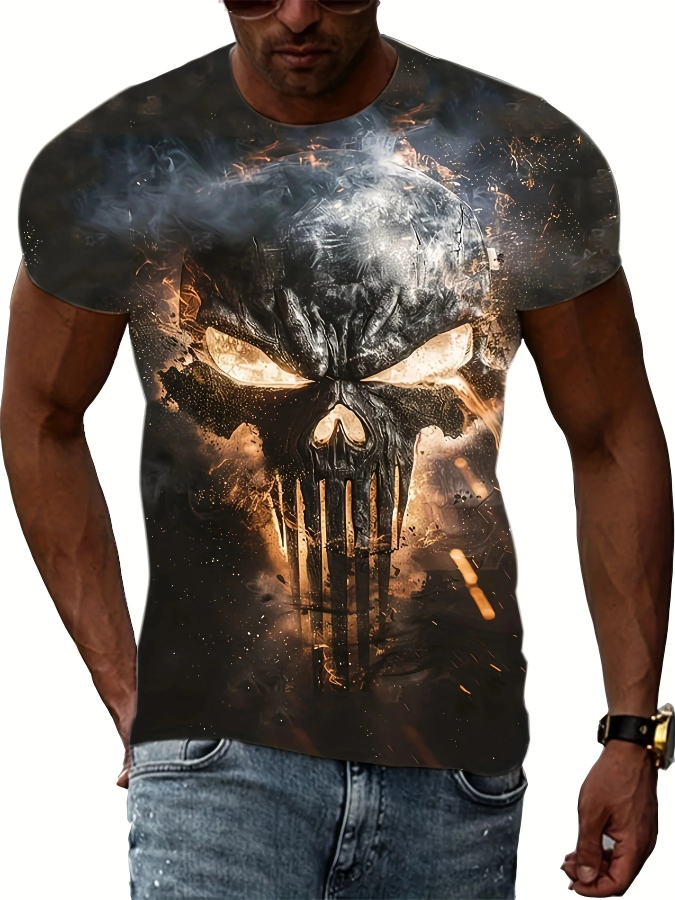 Summer Fashion 3D Digital Flame Skull with Spark Print T-shirt, Crew-neck Innovative and Stylish Outdoor Activity Top