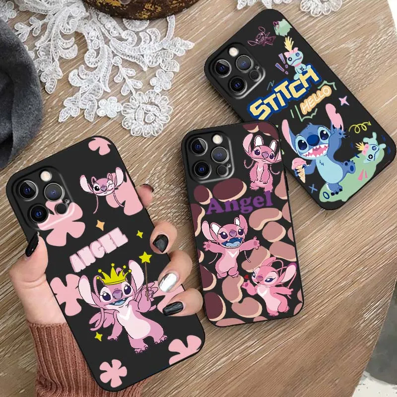 

Disney Angel Lilo & Stitch Art For Apple iPhone 16 15 14 13 12 11 X XS Pro Plus Max Black Phone Case Shockproof Soft TPU Cover