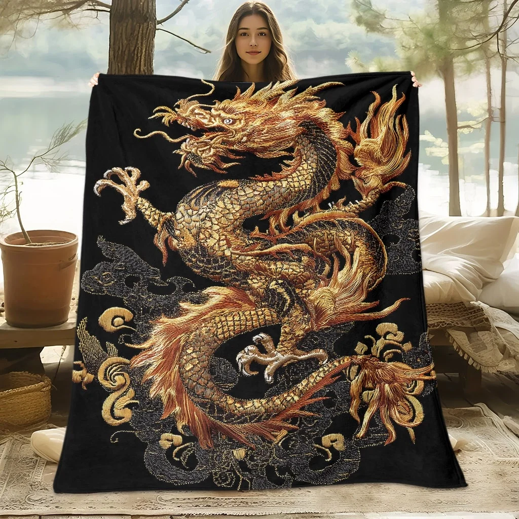 1pc Golden Dragon Pattern Digital Print Blanket, All Seasons Suitable, Sofa Throw, Soft And Comfortable 100% Fiber, Perfect Gift