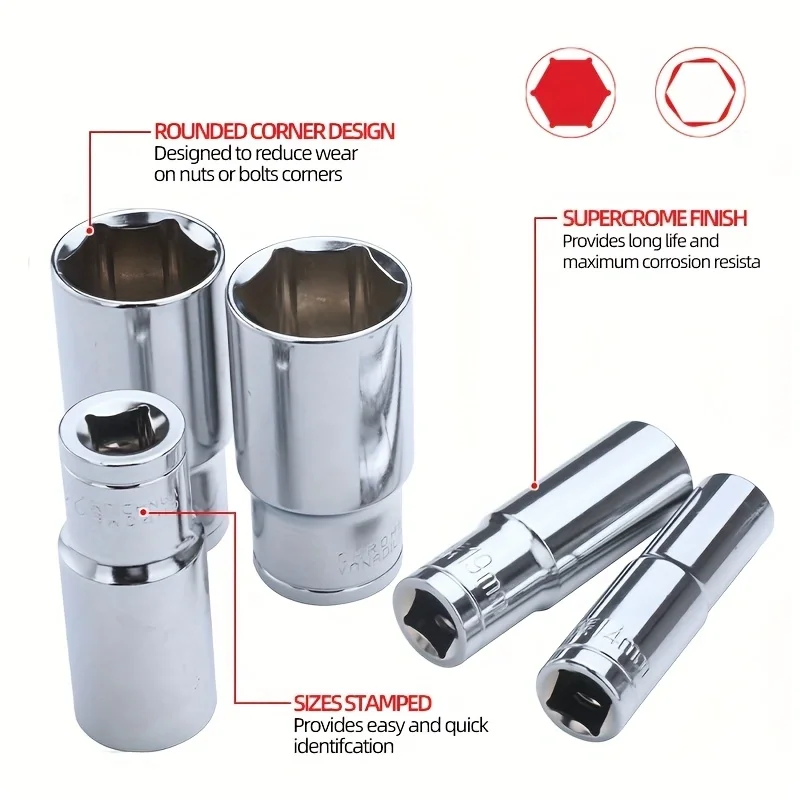 رأس مقبس طويل 1/2 بوصة، عمود ممتد لعزم دوران أكبر، فولاذ كروم فاناديوم CR-V مزورة لمقاومة التآكل