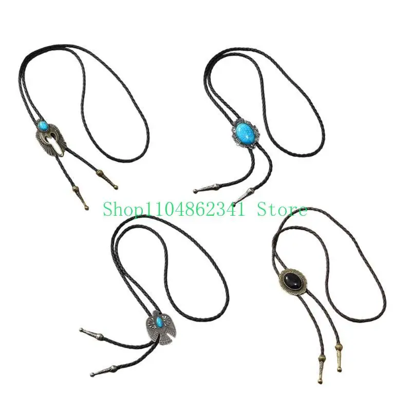 652F Western Bolo Tie Neckties Necklace with Metal Bird Stone Cowboy Hat Pendant