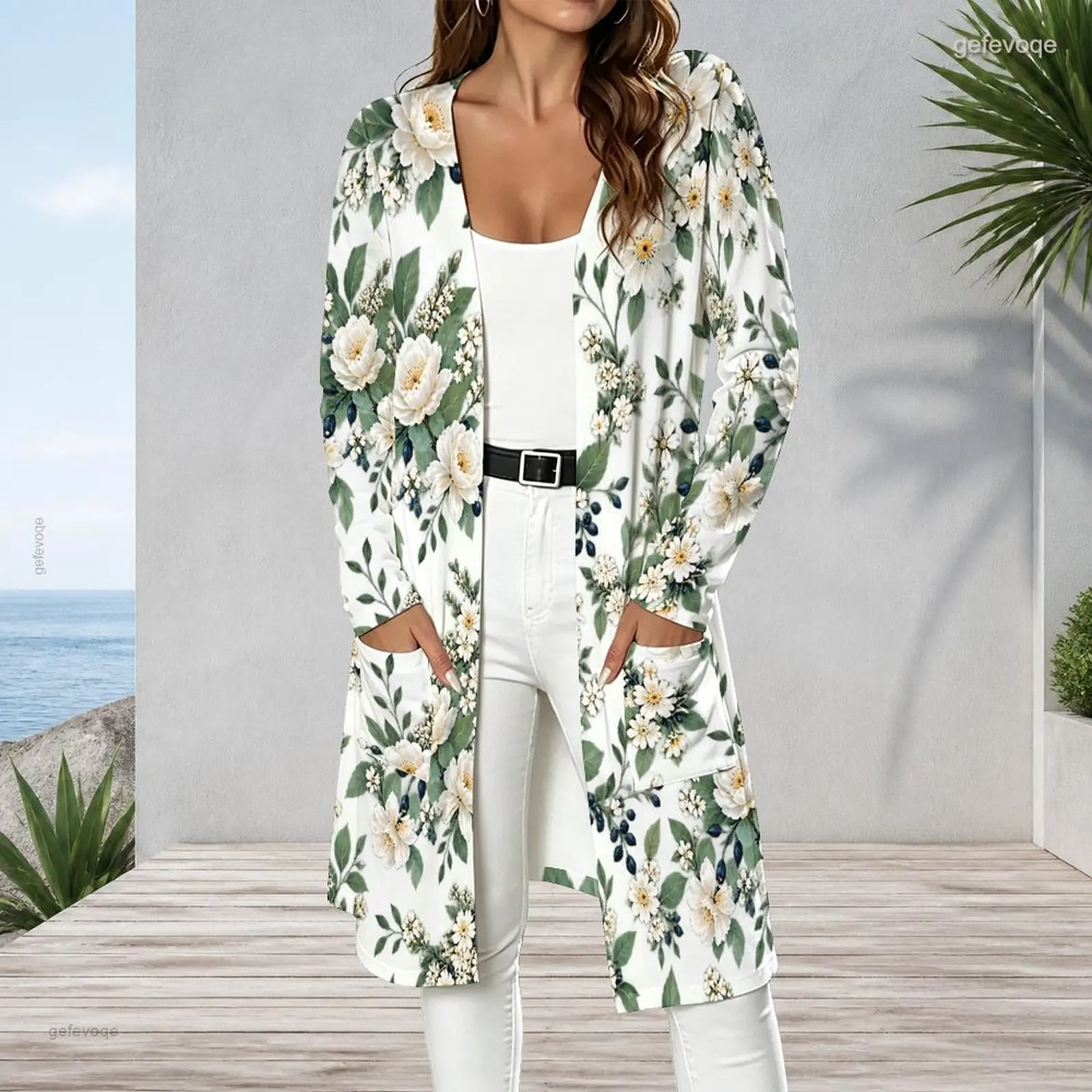 Women Cardigan with Print Long Sleeve Open Front Longline Straight Hem