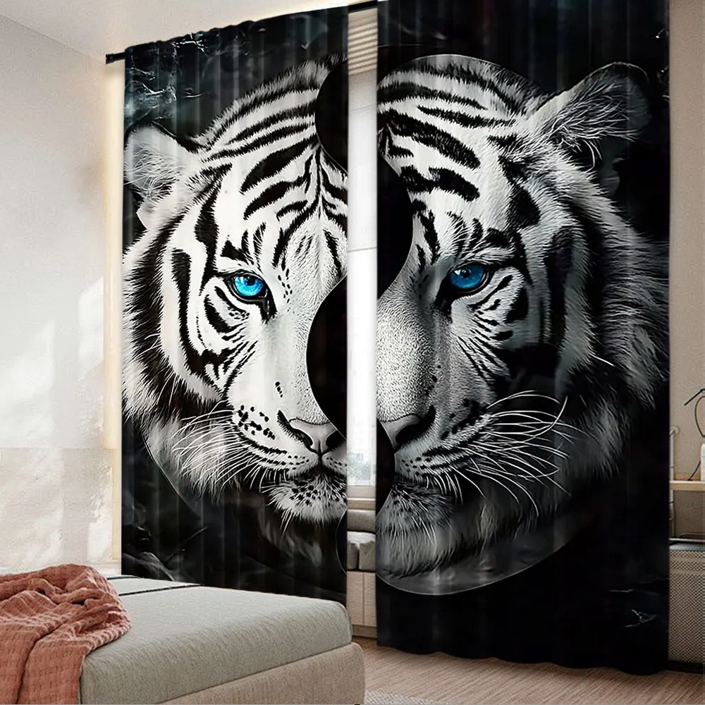 2Pcs Cool Tai Chi Tiger Pattern Curtains Fashion Chic Curtains Suitable For Bedroom Bathroom Living Room Dining Room Study Room