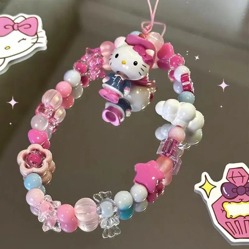 Kawaii sanrio hallo kitty handy anhänger inspearl perlen armband tasche dekoration zubehör für mädchen süßes schlüssel bund geschenk