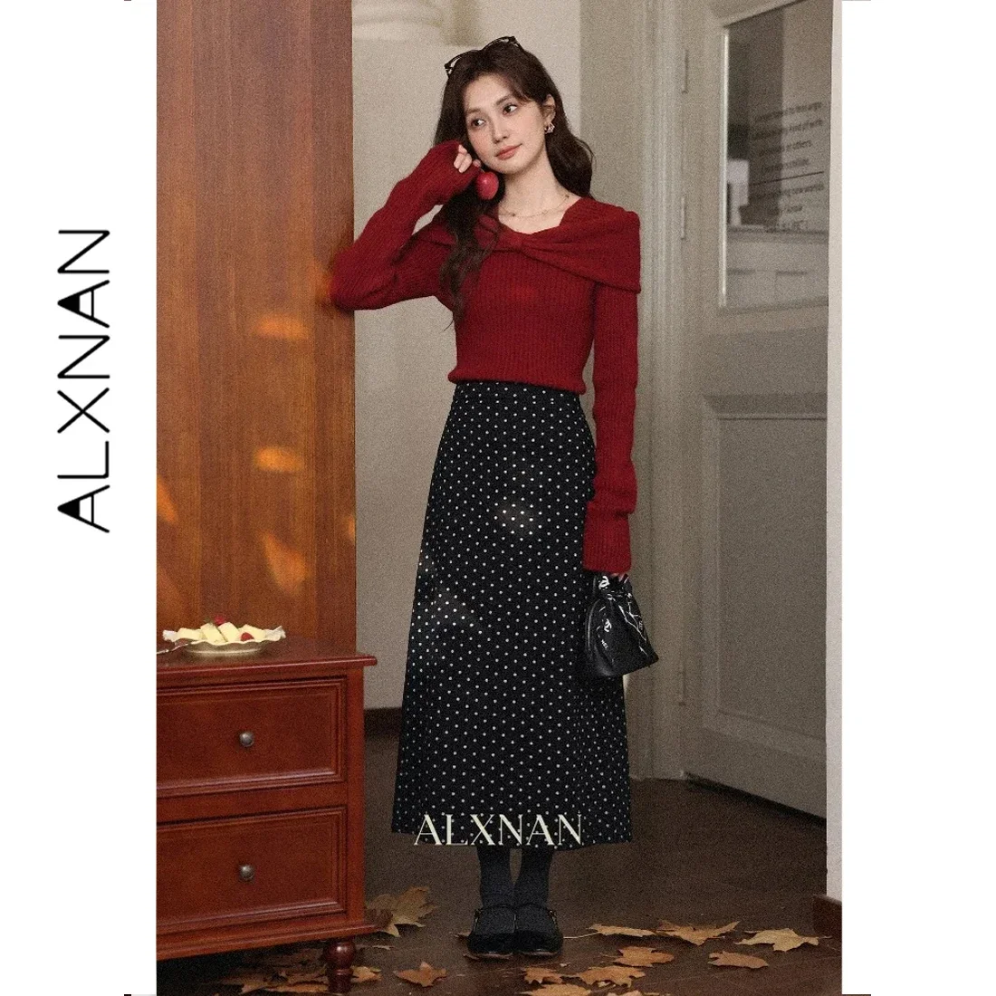 ALXNAN Red Sweater Burgundy Big Bow Shoulder Vintage Ribbed Knit Pullover Fall Winter Daily Casual Long Sleeve Top Ladies L59823