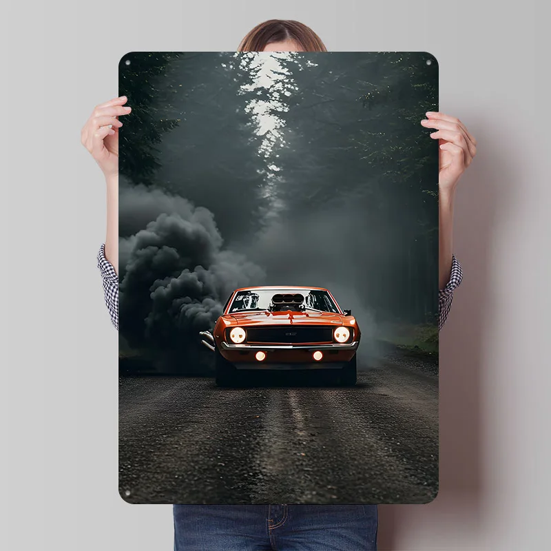 Orange Muscle Car in Smoky Forest Printed Poster Customized Wall Art Retro Vintage Metal Tin Signs for Garage Decoration Bedroom