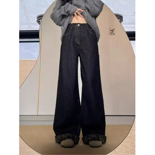 Y2K جينز نسائي أمريكي عالي الخصر أسود بطبعة الفهد حافة ملفوفة واسعة الساق فضفاضة متباينة غرزة الصيف السراويل #3