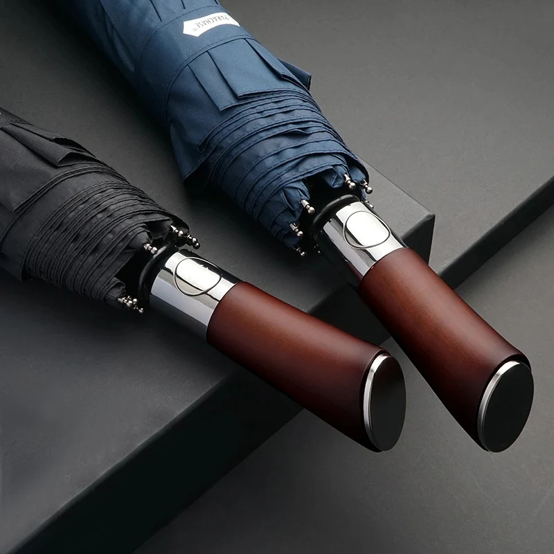 121cm Large Luxury Automatic Umbrella Wooden Handle Business Men Women Strong Windproof 3 Folding Vintage Male Brand Paraguas