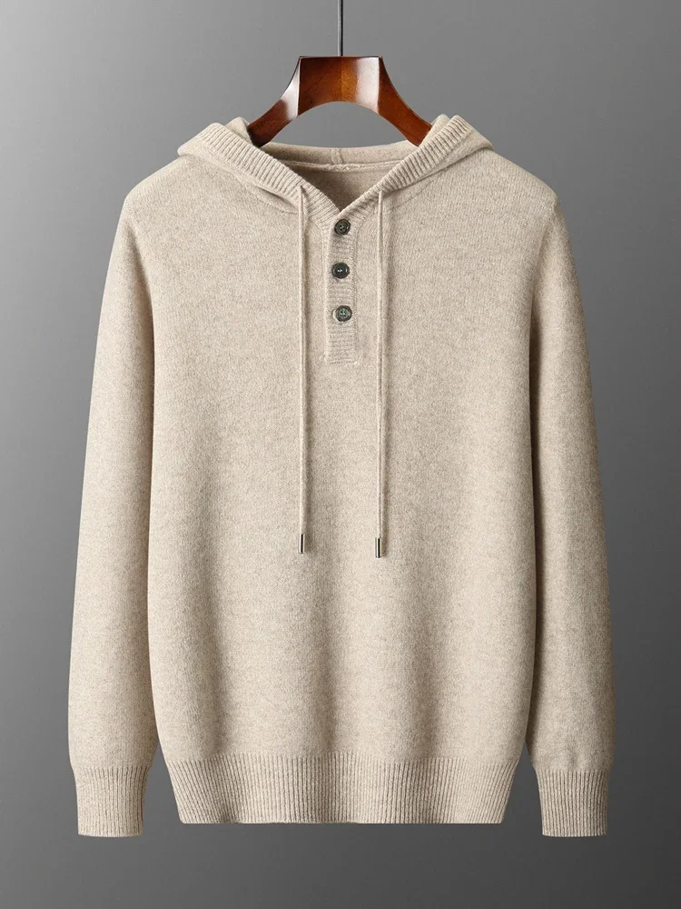 Autumn Winter Sweater Pullover 100% Merino Wool Men's Sweater Clothes Smart Casual Hoodie Pullover Solid Thicked Knit Commuters