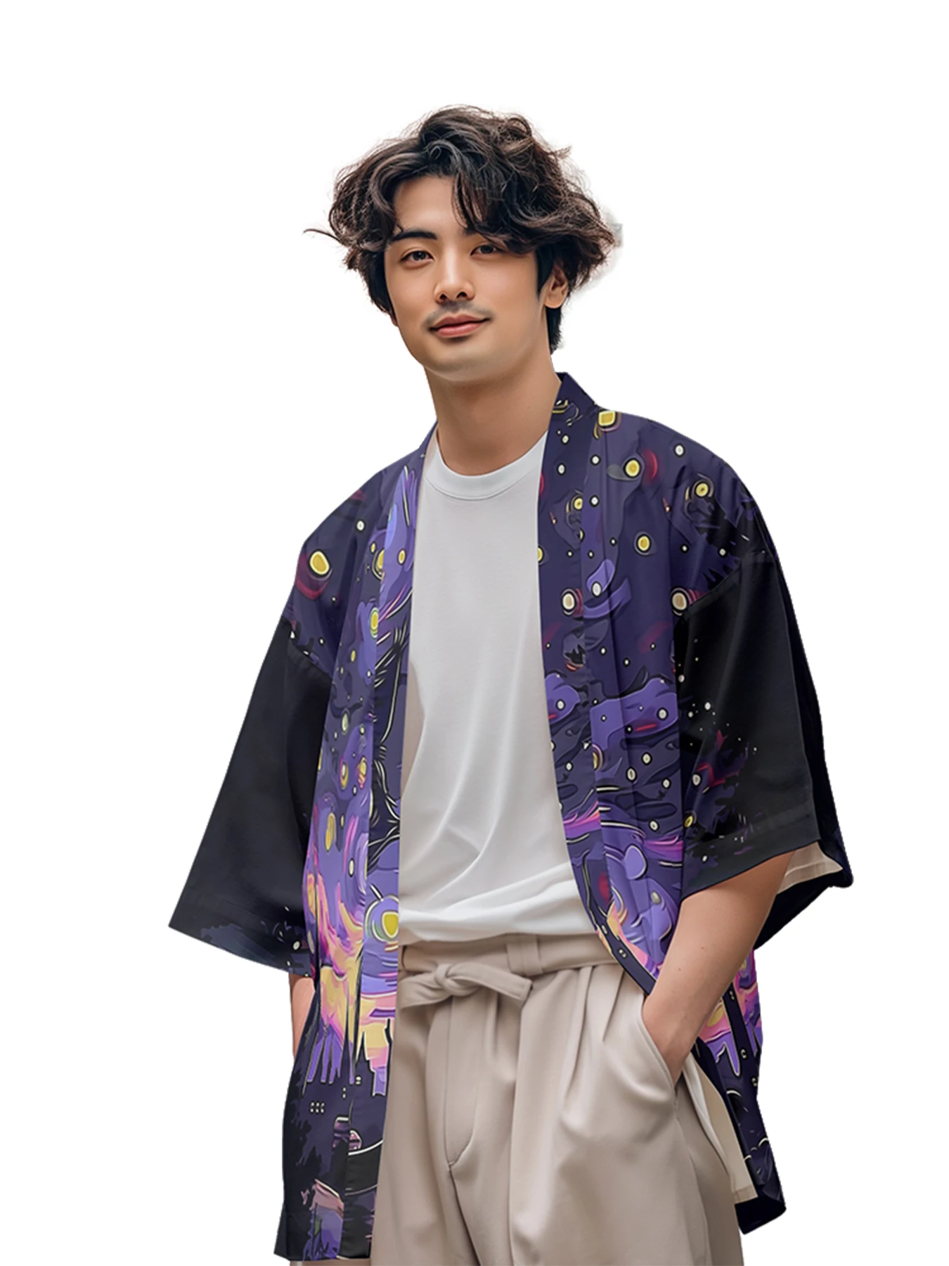 Classic Versatile Model Deep Hollow Kitten Oil Painting Feather Woven Men's Country Fashion Design Casual Dojo Kimono Mens Tops