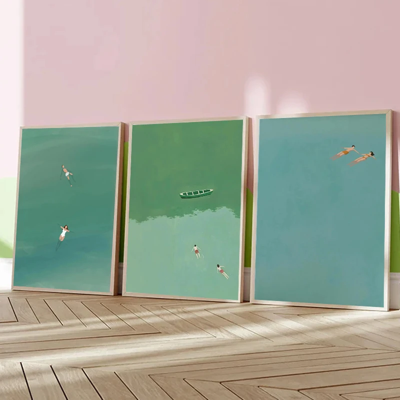 

Minimalist Abstract Light Green Seawater Swimming Art Poster Nordic Summer Canvas Printing Living Room Bedroom Home Decoration