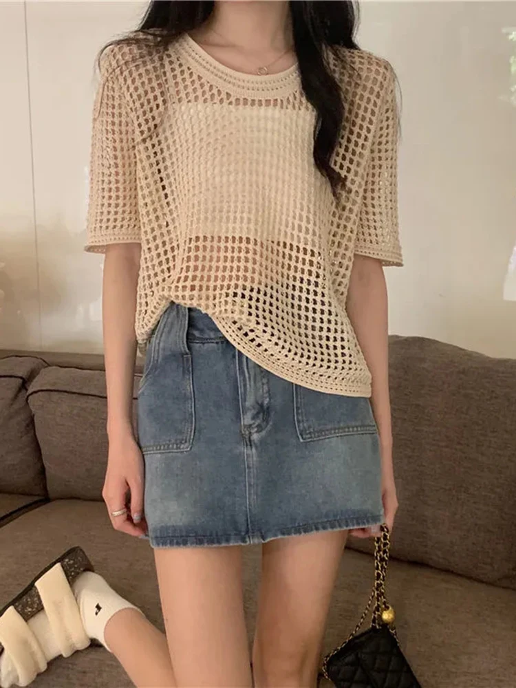 Knitt Hollow Out Chic Cropped T-shirts Elegant Short Sleeve Summer Camisetas Loose Korean Casual Knitwear Tees Female Tops New