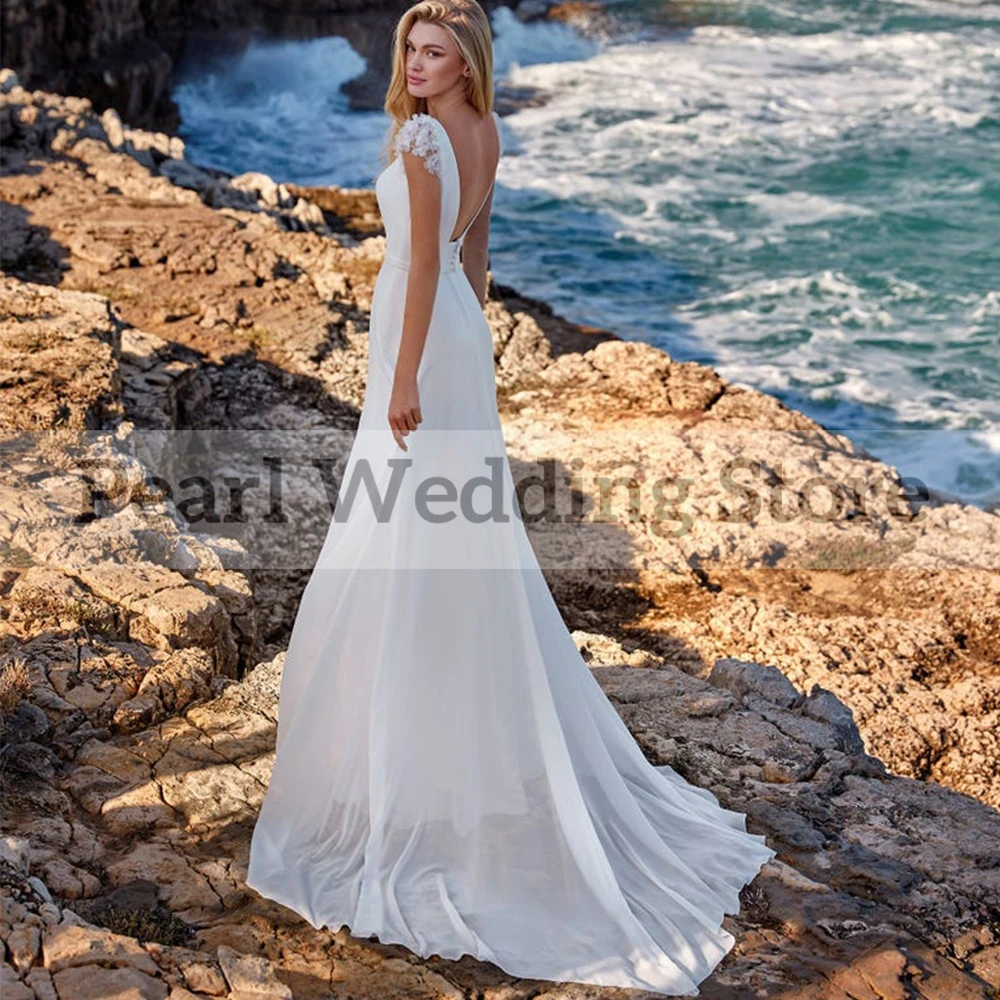 Cap Sleeves Boho Wedding Dress Scoop Neck A-Line with Belt Floor Length Sexy Open Back Chiffon Sweep Train Bridal Gowns Robe