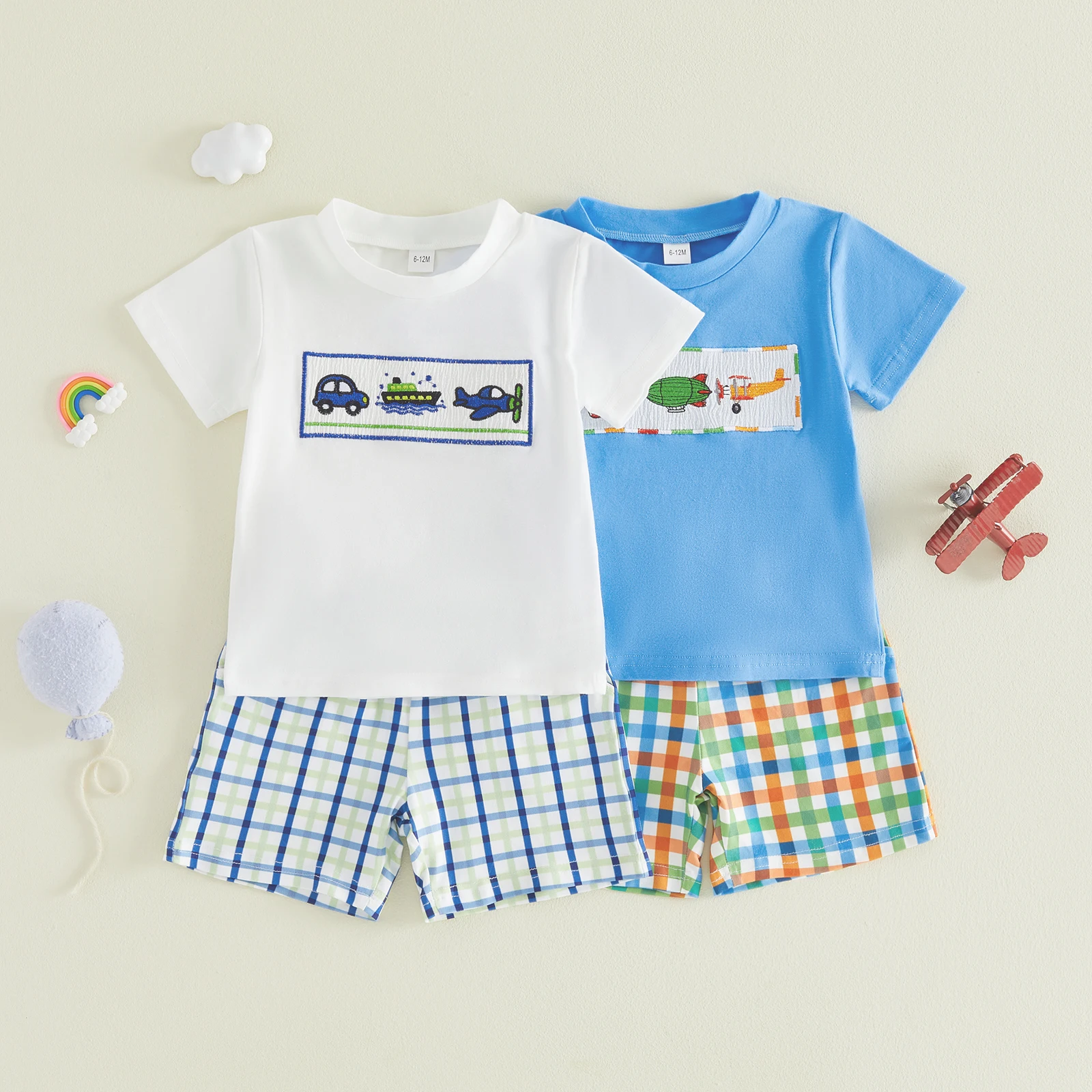Toddler Baby Boy Shorts Set Embroidered Short Sleeve T-shirts and Plaid Shorts 2 Piece Summer Outfits
