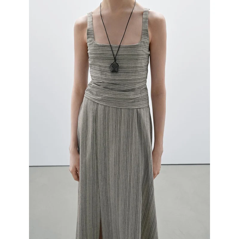 Estate New Chic Casual Sle Vest Dr Colletto quadrato Lunghezza midi Strisce sottili Donna Faion Vita alta Gonna a trapezio Dr