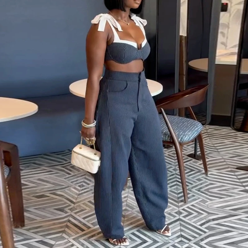 Chic Contrast Color Splice Tie Up Backless Outfit Sexy Straps Off Shoulder Club Suit Women Casual High Waisted Top+Pants 2pc Set