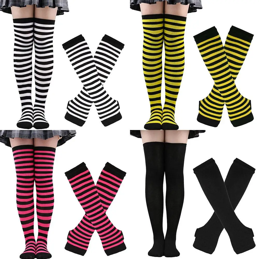 for Halloween Costume Arm Warmer Knee High Socks Set Gothic Warm Y2K Lolita Fingerless Gloves Holiday Cosplay Striped