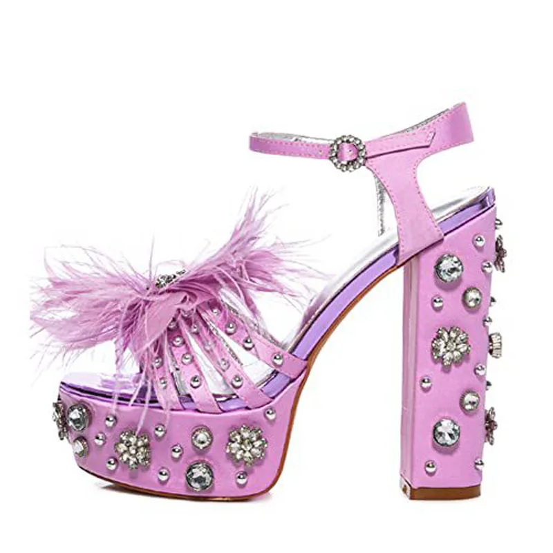 

Pink Purple Silk Feather Flower Sandals Bling Buckle Gem Crystal Studs Platform Block High Heels Women Evening Ball Shoes