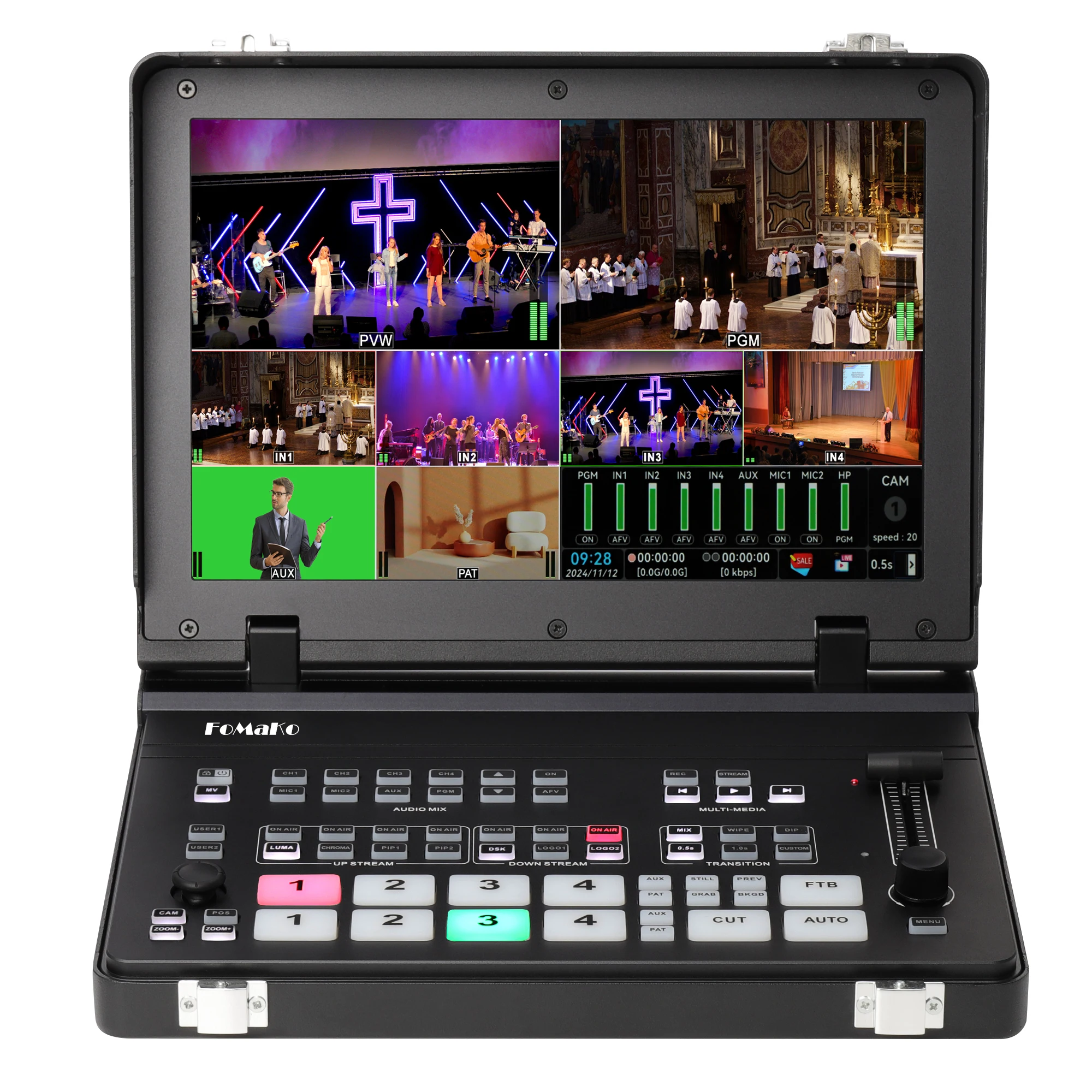 FoMaKo 4K SDI HDMI 5-Channel Video Mixer Switcher, 10.1 Inch FHD LCD Screen, 4k FPS Input,1080p 60FPS Output, PTZ Control M6