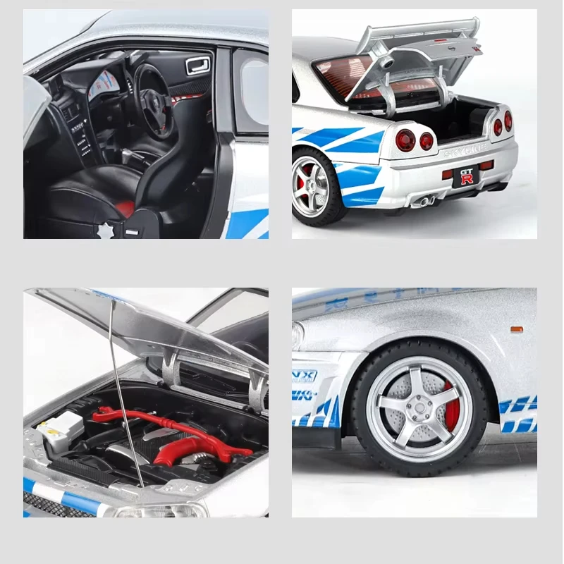 Nissan Skyline GTR R34, coche en miniatura de aleación con sonido y luz, juguete coleccionable para niños, regalo de cumpleaños, 1/18