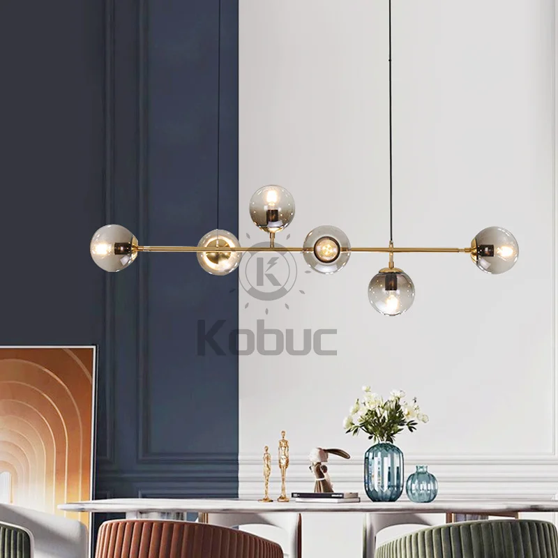 Kobuc Nordic Art Strip Glass Pendant Light Modern Model Room Kitchen Island Glass Ball LOFT Bronze Black Chandelier Hanging Lamp