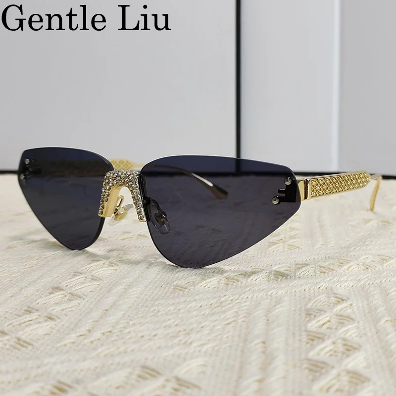 Retro Cat Eye Rimless Sunglasses Women 2025 Luxury Brand Fashion Metal Frame Sun Glasses for Ladie Crystal Shades Eyewear UV400