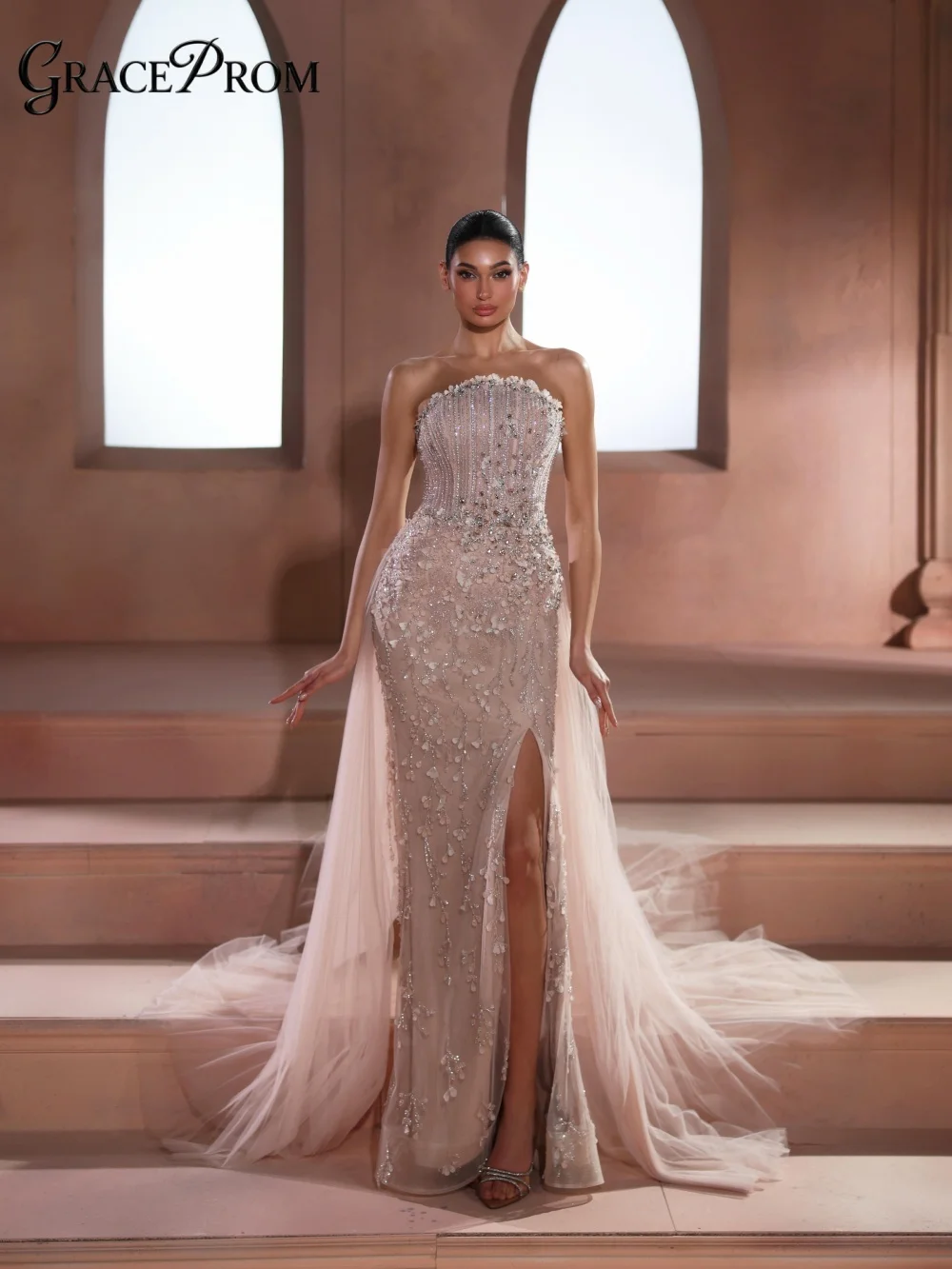 Glimmering Champagne Blush Evening Gown 2026 Polished Tube Neck Dress For Gala With High Slit Tulle Overlay Beading فساتين سهرة