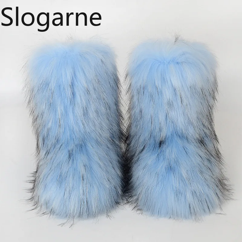 2026 Women Winter Fluffy Fur Boots Woman Furry Snow Boots Plush Warm Outdoor Footwear Girls Luxury Faux Fox Fur Platform Shoes