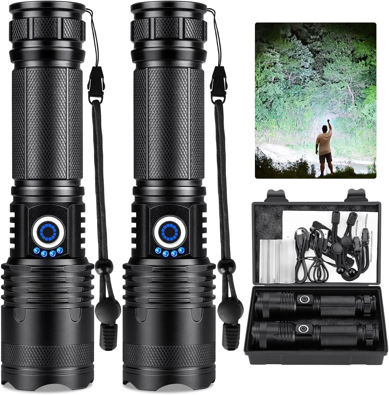 

Rechargeable Flashlights 99000 Lumens, 2 Pack LED Super Bright with 5 Modes, IPX7 Waterproof, 15H Run Time