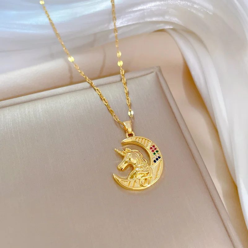 Classic Retro Stainless Steel Micro-inlaid 100 Language Project Unicorn Necklace, Fashionable and Gorgeous,Clavicle Chain
