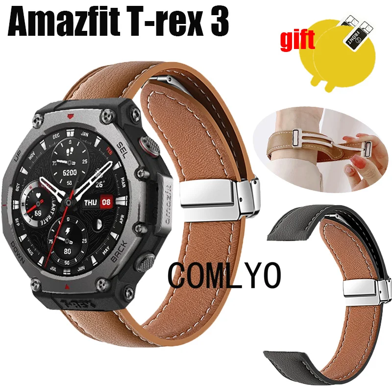 For Amazfit T-rex 3 Strap Leather Genuine Folding Magnetic Buckle Soft Watch Women men Band Screen protector film