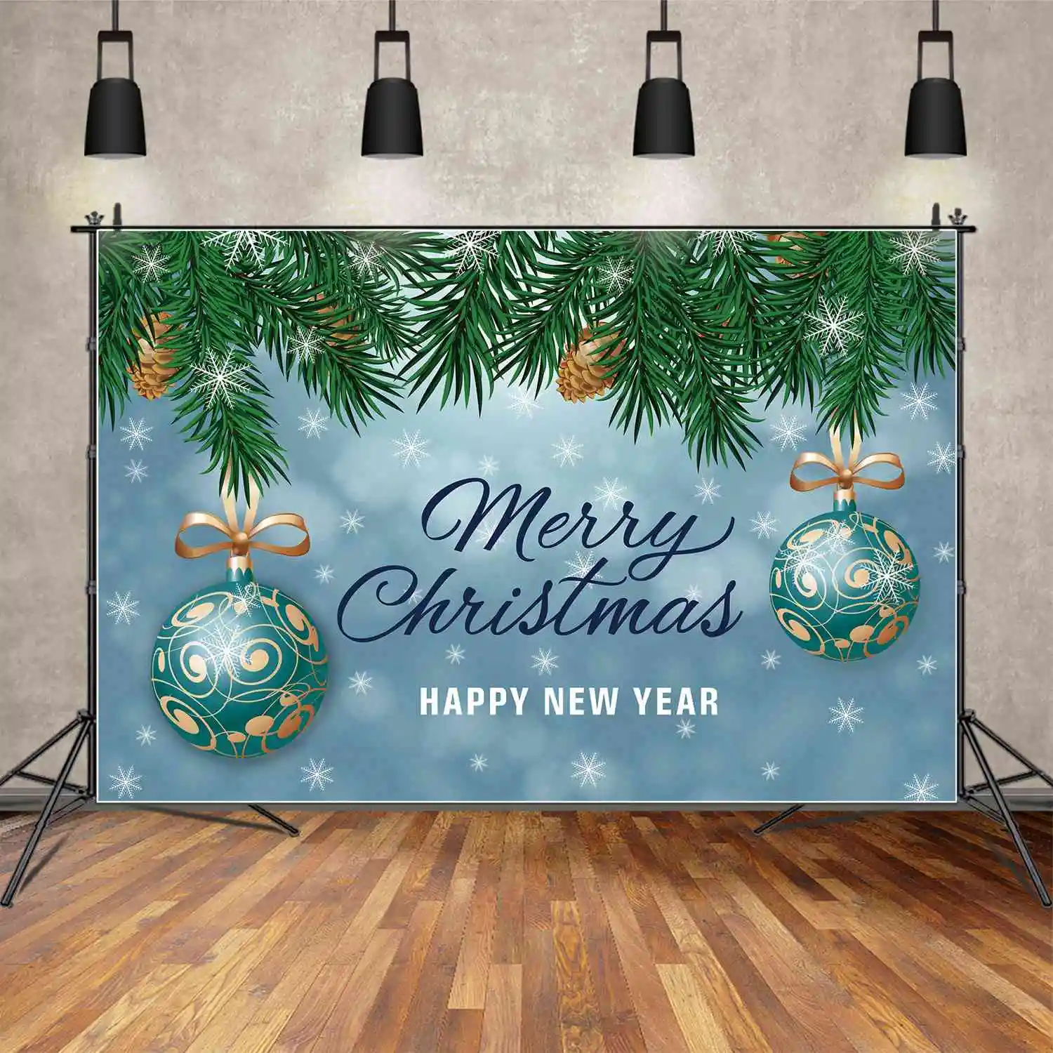 MOON.QG-Feliz Natal Banner Backdrop, Céu De Neve Azul, Decoração Do Partido Do Bebê, Fundo Verde Pinheiro Bola De Floco De Neve, Photo Booth