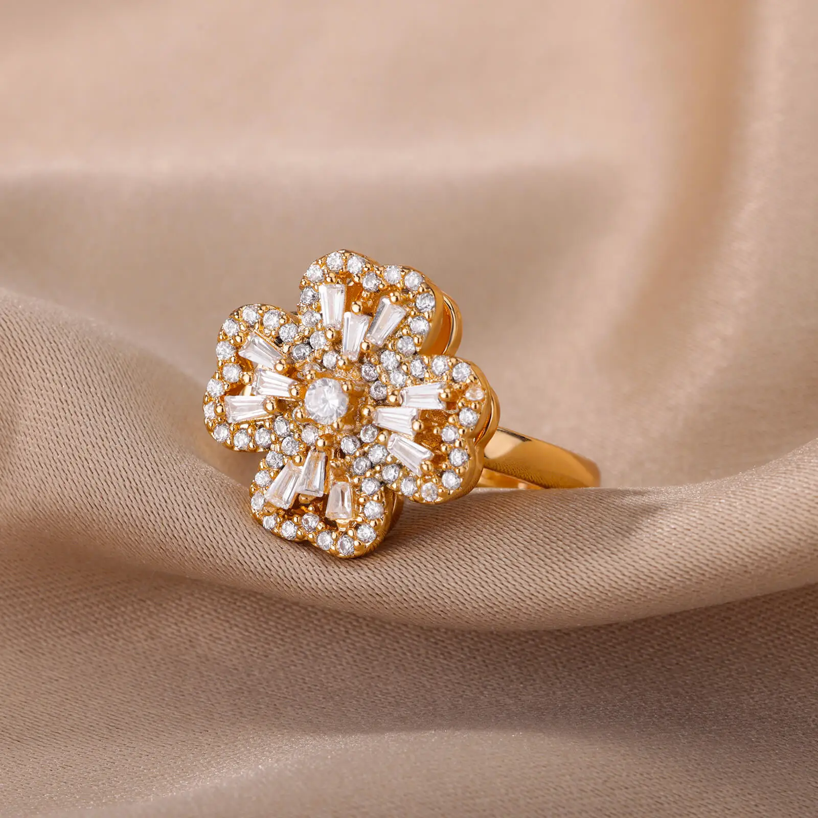 Zircon Four-Clover Rings For Women Adjustable Gold Color Anti Stress Anxiety Fidget Rings Fashion Jewelry Gift
