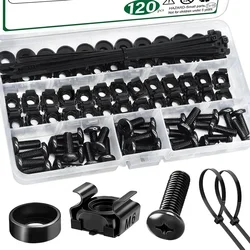 120pcs M6 Cage Screw Nut Washer Self-Locking Cable Ties Set Metric Thread for Server Shelf Cabinets Rack Mount Assortment Kit