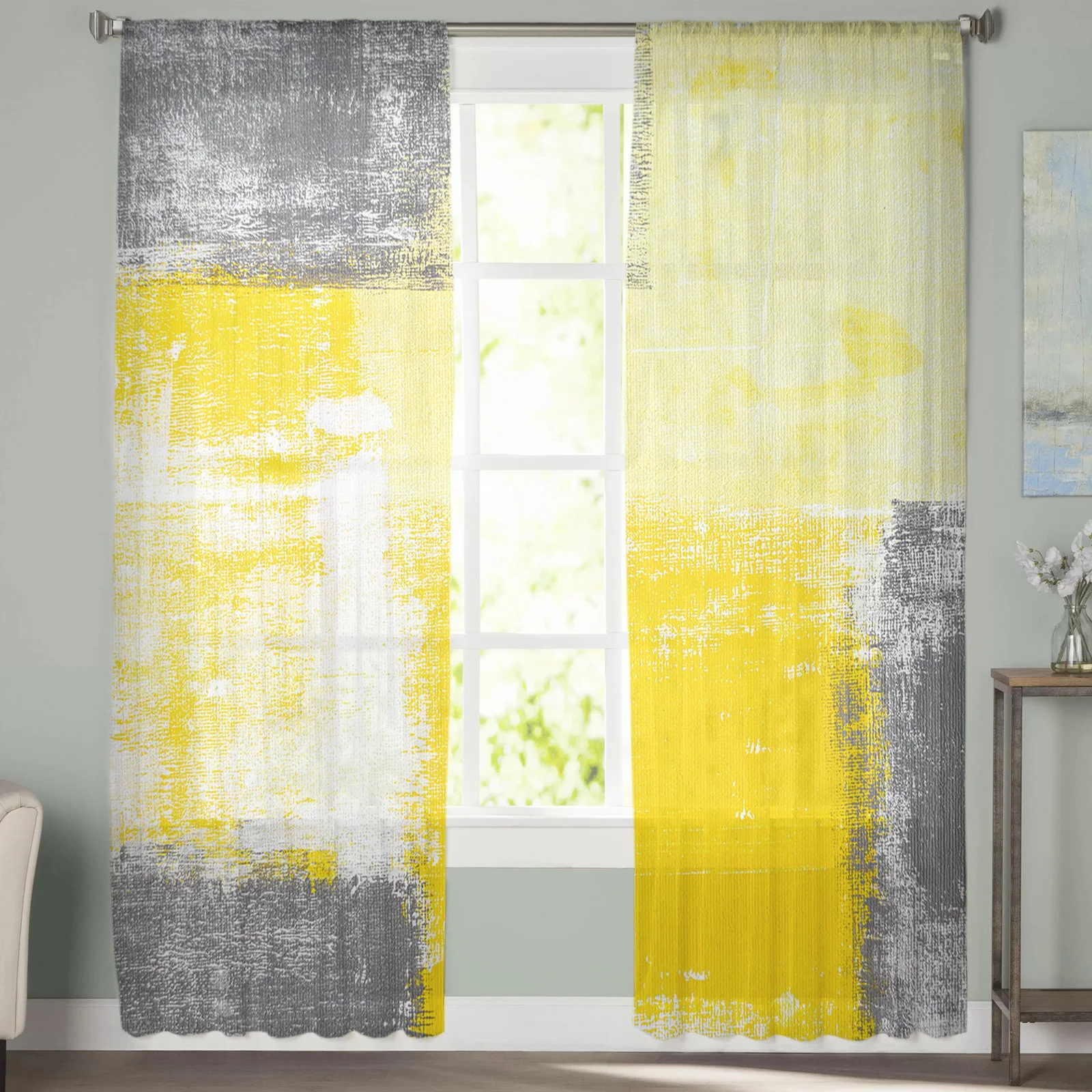 Paint Abstract Geometric Yellow Tulle in Sheer Curtains for Living Room Bedroom Kitchen Window Treatment Chiffon Curtain Blinds