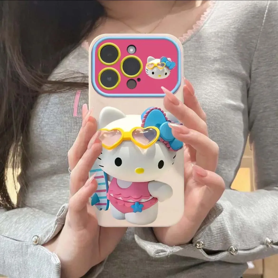 Miniso Hello Kitty Cute Pink Swimsuit Sunglasses Case For iphone14 13 12 11 Pro max Cover Silicone Drop Proof 11 Xr X Soft Case