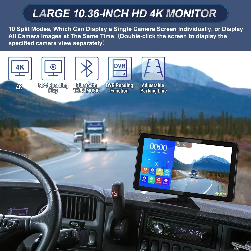 10.36 Inch 4 Channel Touchscreen Monitor HD Split Screen Car DVR Recorder Backup Camera System for Car Horse Trailer RV Truck