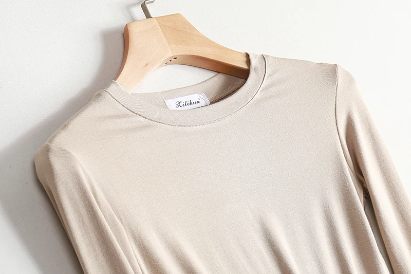 Hochwertige Elastische Basic Einfarbige Langarm-T-Shirts Schlichte Baumwoll-Damen-T-Shirts Lässige Oberteile Koreanischer Stil Dünnes O-Ausschnitt T-Shirt – Detail 11