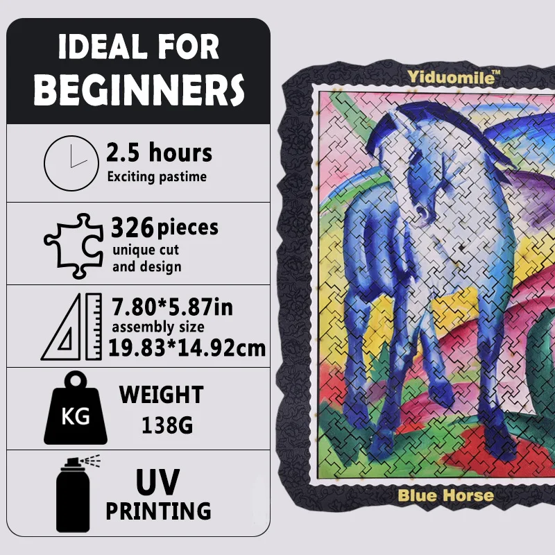 19.83 * 14.92Cm, 326 pieces Blue Horse Adult oil painting puzzles, artworks, fun family games