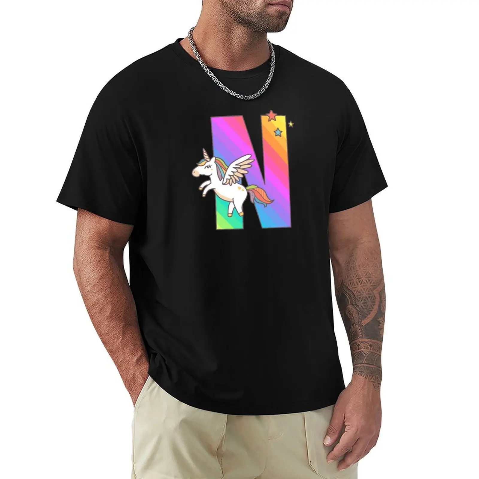 Unicorn Monogram Letter N Initial Cute Birthday Gift T-Shirt man t shirt cotton high quality T-Shirt