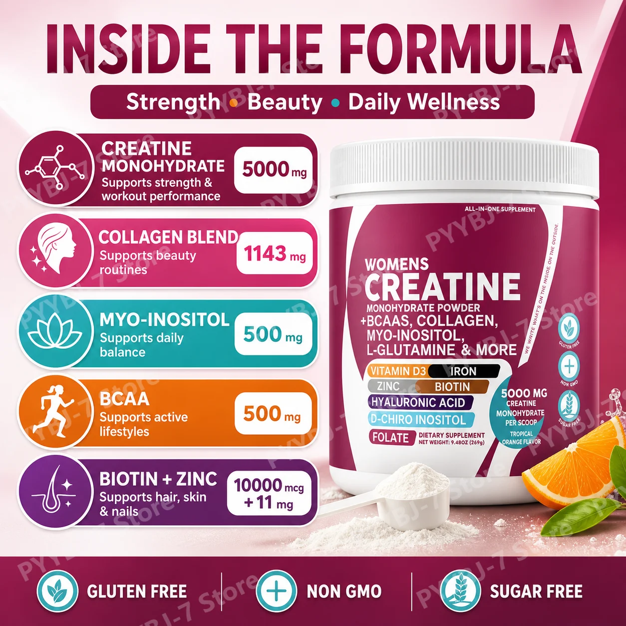 Female Creatine Powder Creatine Monohydrate Powder with BCAA & Amino Acids, Daily Health and Nutrition Dietary Supplement
