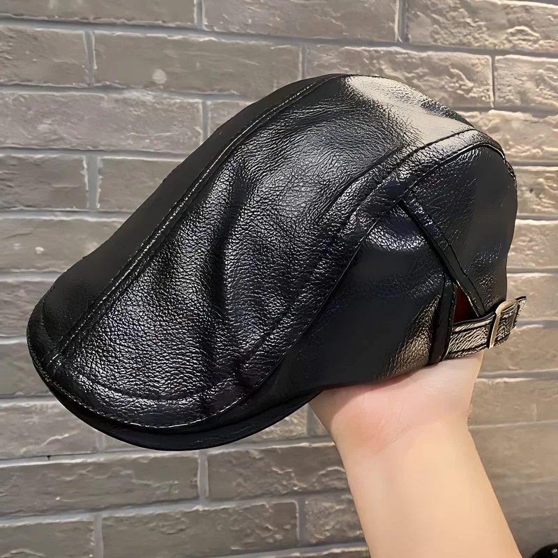 PU Leather Newsboy Cap Vintage Flat Ivy Cap Beret Driver Cap for Men Women Autumn Winter Warm Adjustable Duckbill Cap