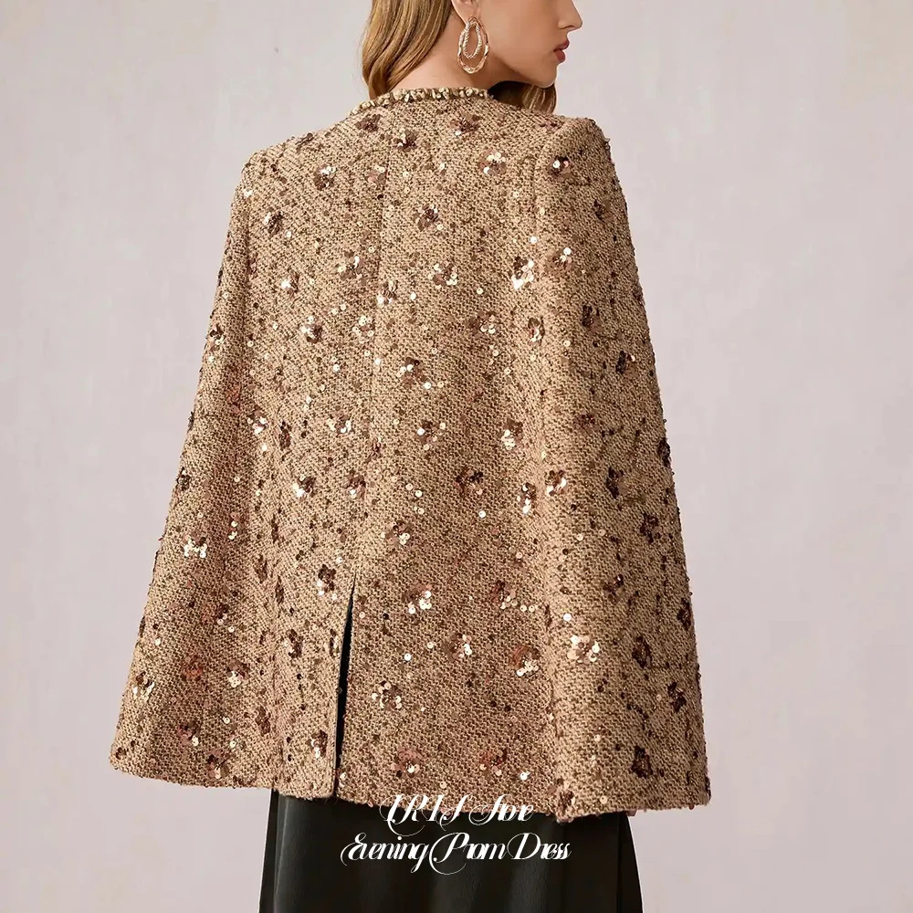 Luxury Sequin Beaded Tweed Cape Jacket Black Skirt for Women O-Neck Evening Outerwear for Prom Gala Wedding Guest view 6